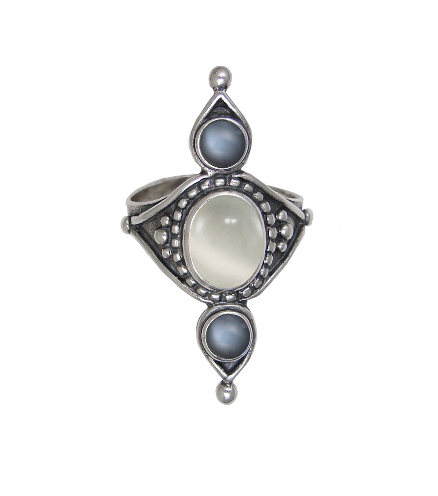 Sterling Silver Royal Ring With White And Grey Moonstones Size 10